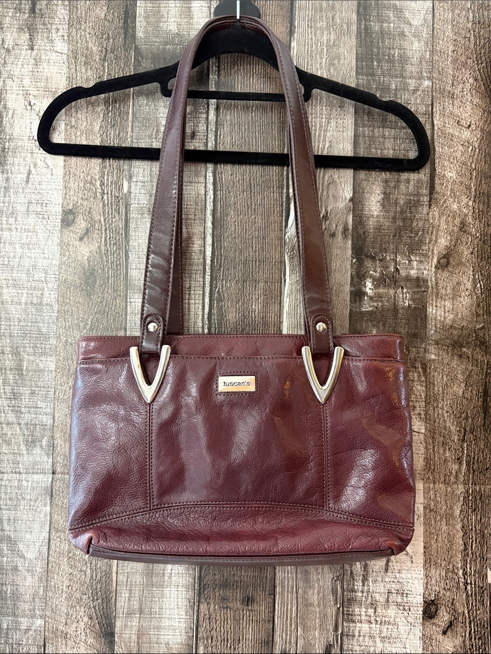 Tuscan’s Women’s Burgundy Leather Shoulder Bag Purse with Silver Accents